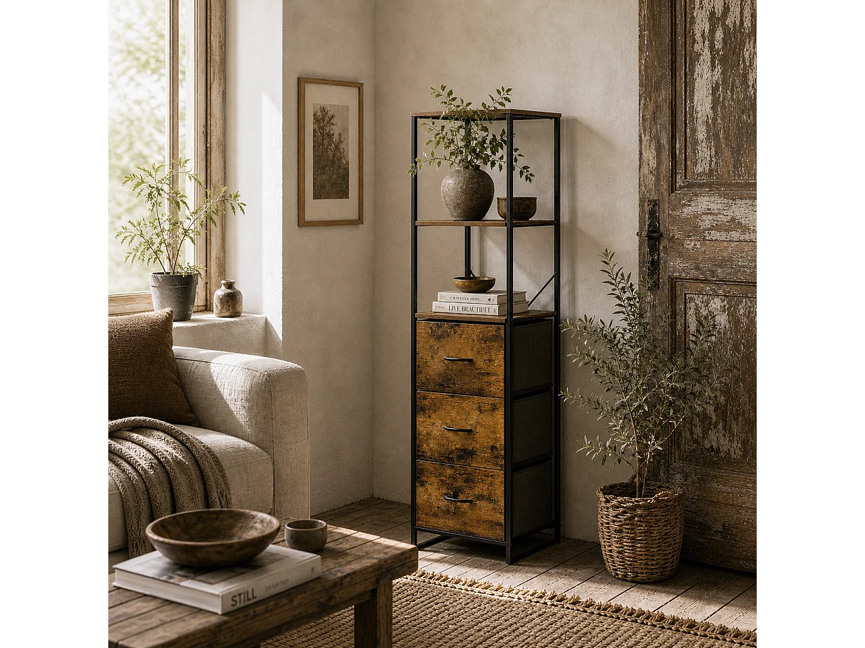 Rana Tall Storage Unit Black Metal Frame Rustic Brown Shelves With Fabric Drawers