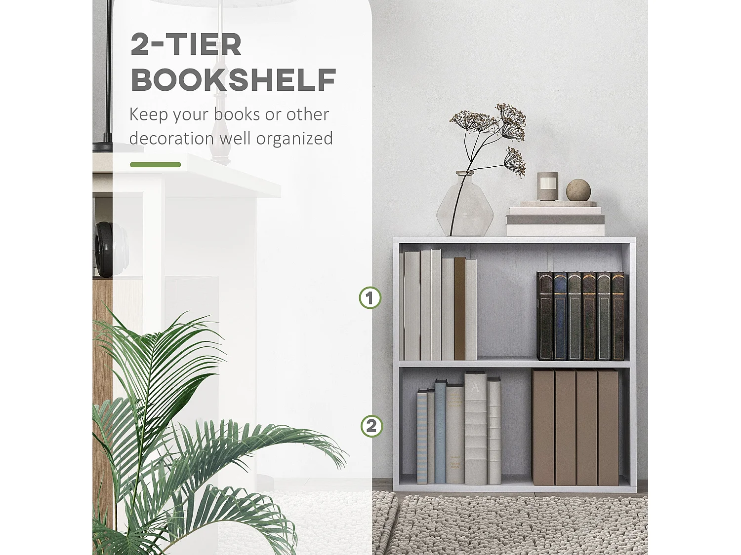 Ralafi Wood White 2 Tier Bookcase with Adjustable Shelf Particleboard