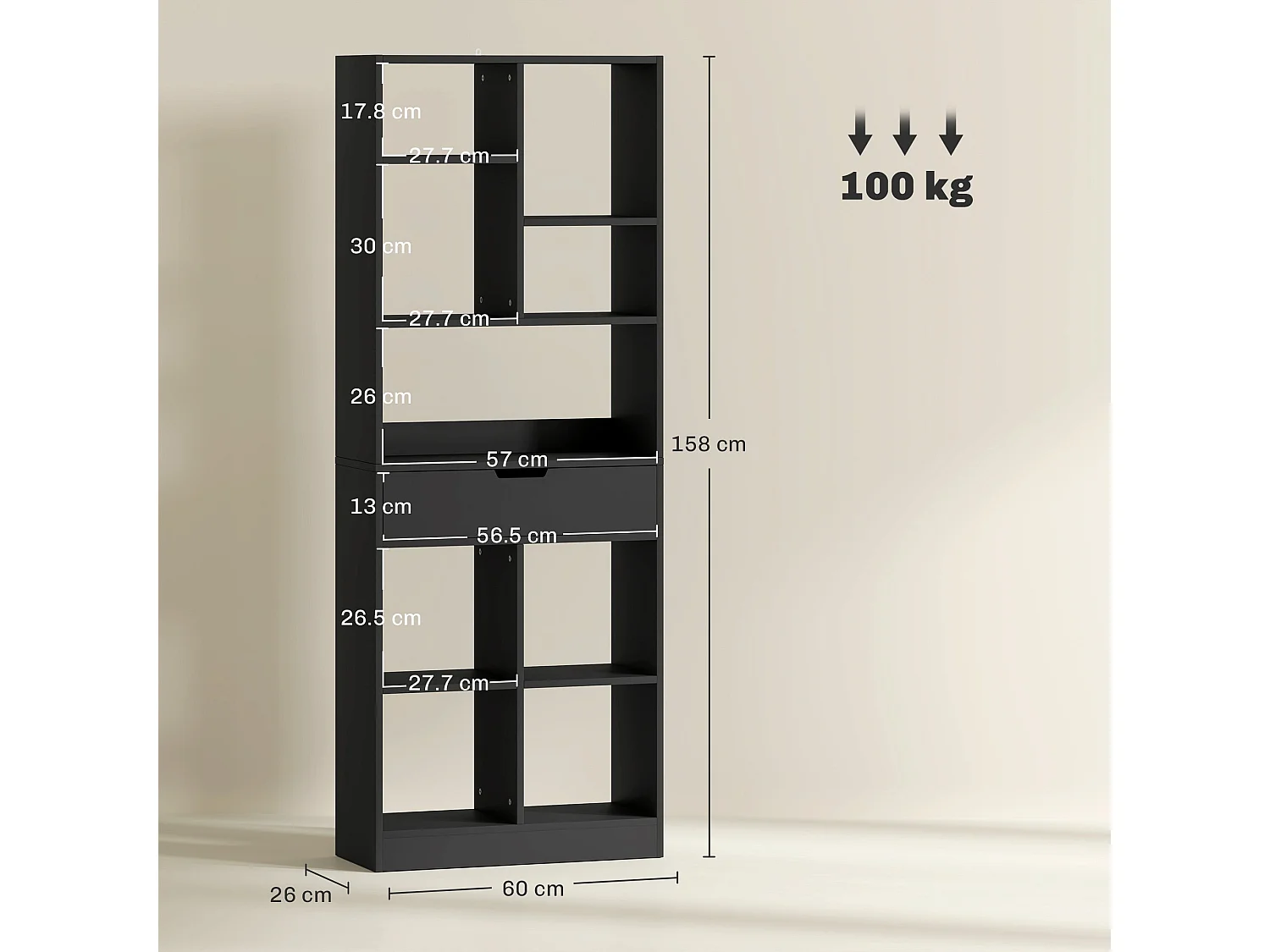 Farama Tall Black Metal and MDF Bookcase with Drawer Storage