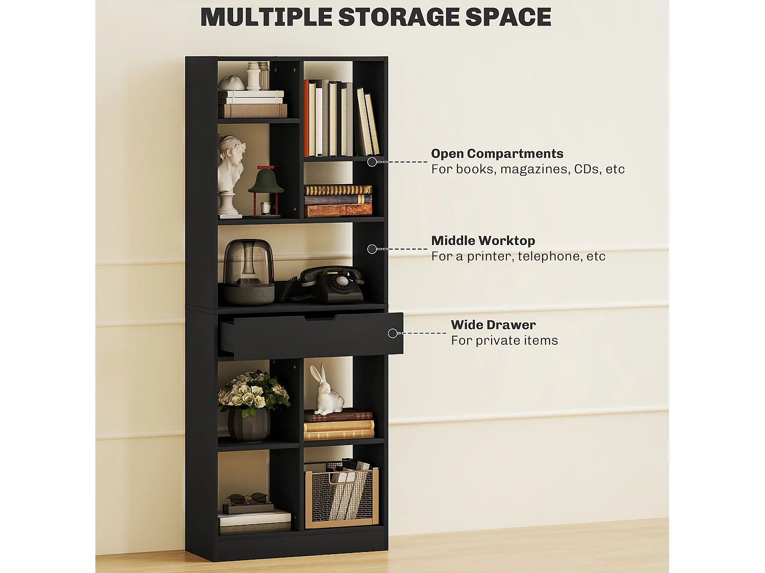 Farama Tall Black Metal and MDF Bookcase with Drawer Storage