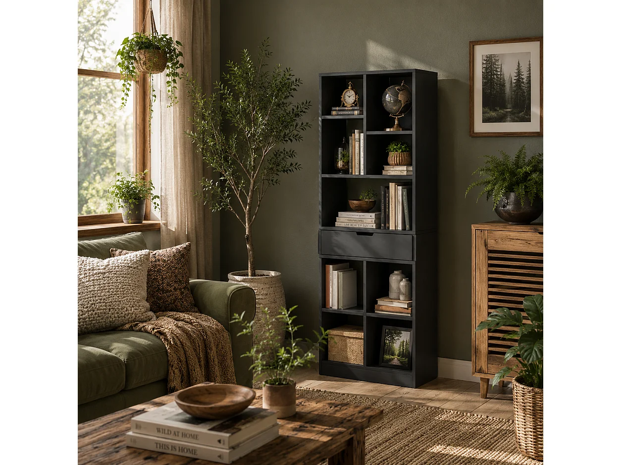 Farama Tall Black Metal and MDF Bookcase with Drawer Storage
