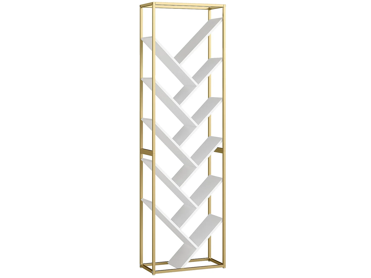 Loelne 10 Tier Modern Wood and Metal Bookcase Gold Tone Frame White Shelves