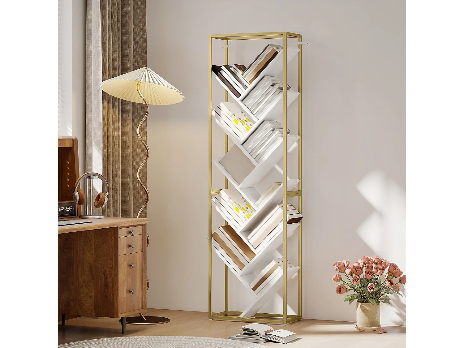 Loelne 10 Tier Modern Wood and Metal Bookcase Gold Tone Frame White Shelves