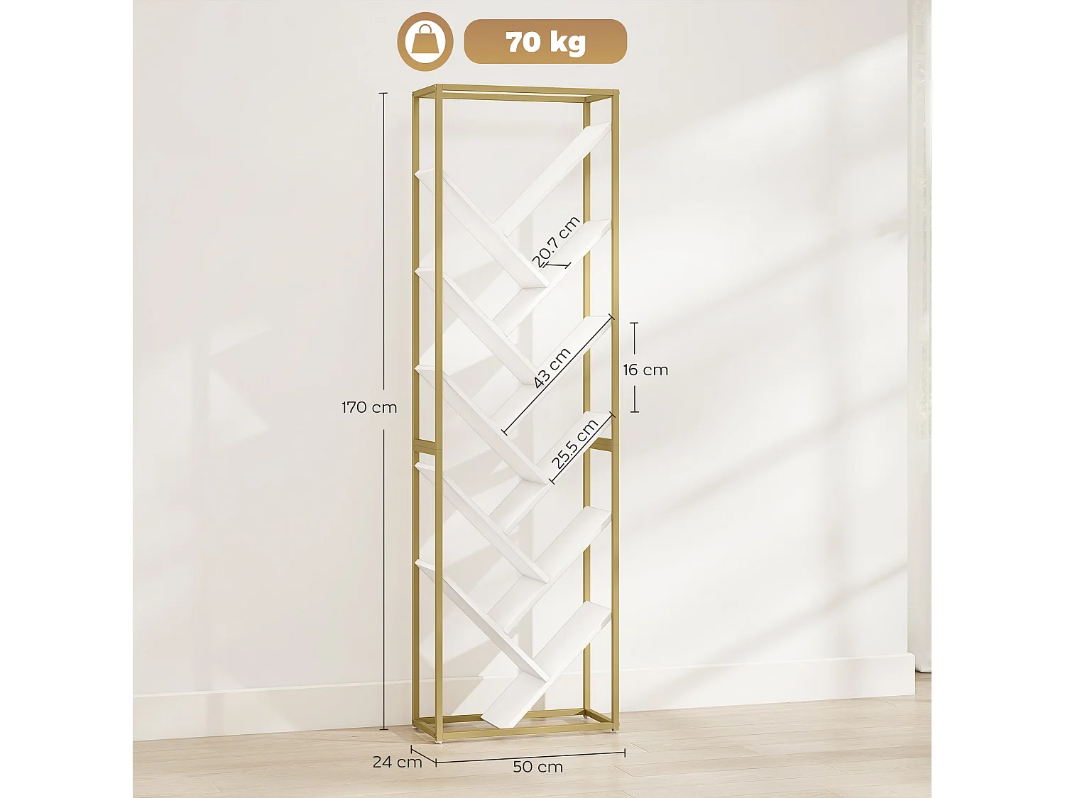 Loelne 10 Tier Modern Wood and Metal Bookcase Gold Tone Frame White Shelves