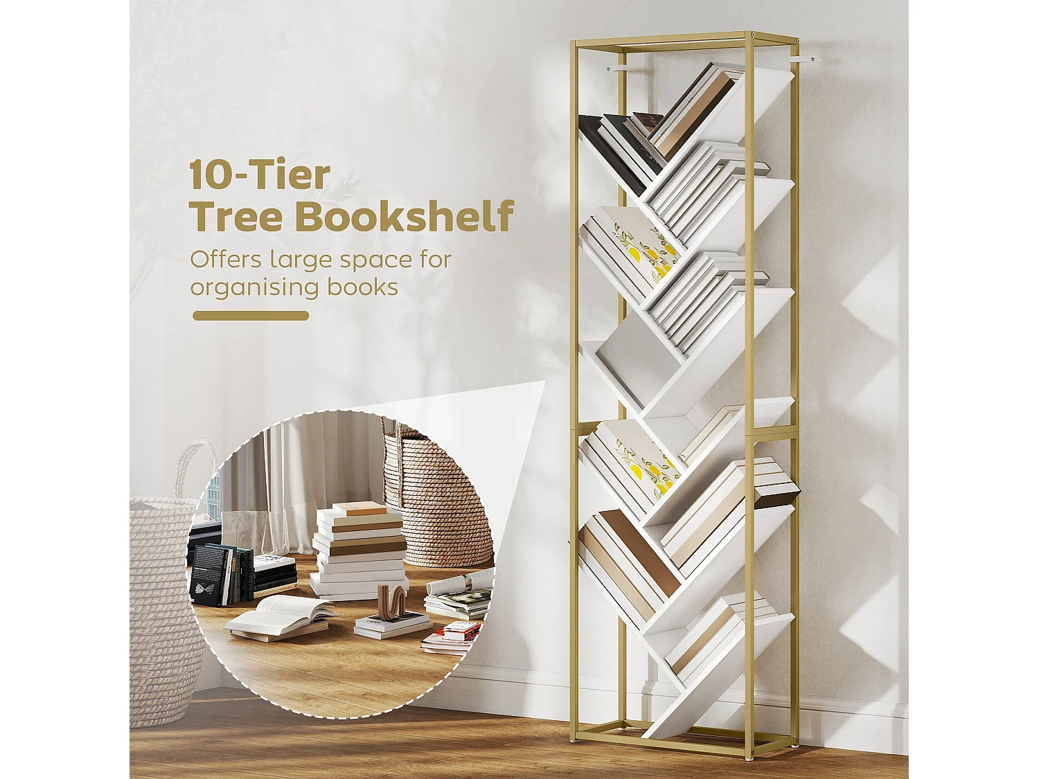 Loelne 10 Tier Modern Wood and Metal Bookcase Gold Tone Frame White Shelves
