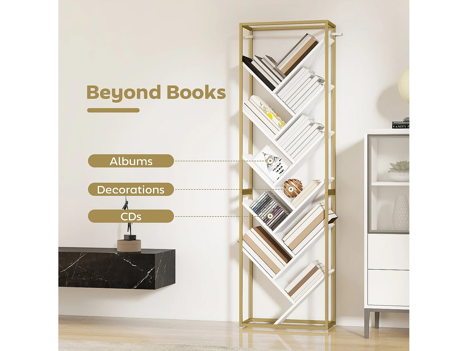 Loelne 10 Tier Modern Wood and Metal Bookcase Gold Tone Frame White Shelves