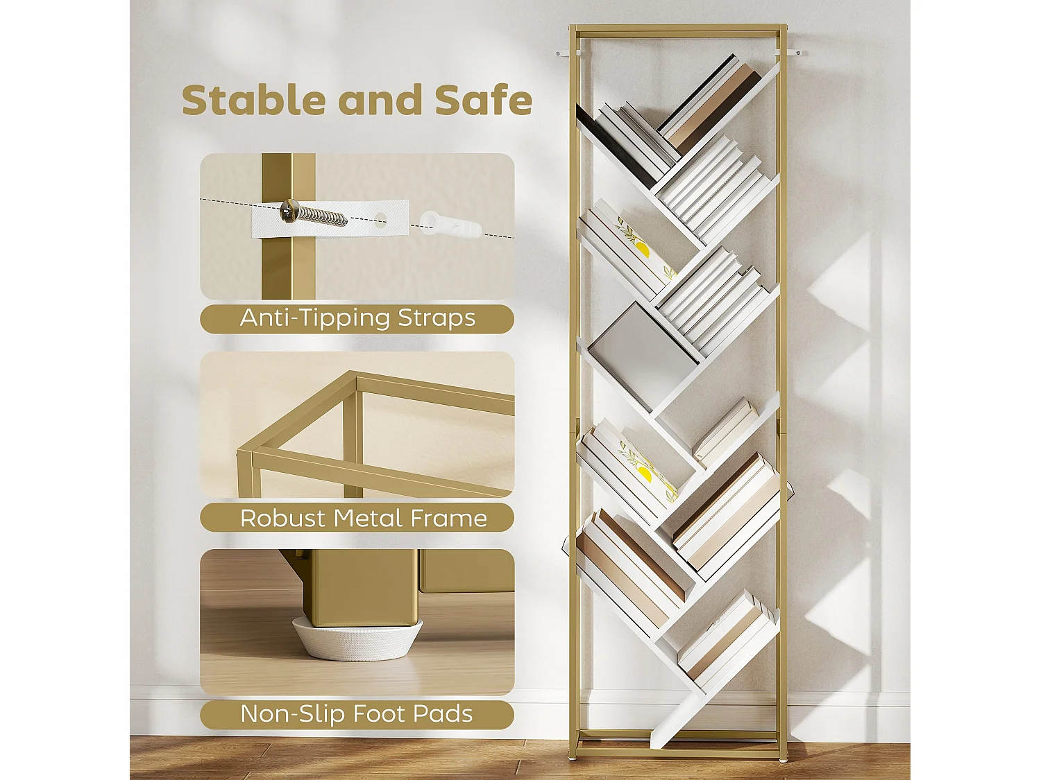 Loelne 10 Tier Modern Wood and Metal Bookcase Gold Tone Frame White Shelves