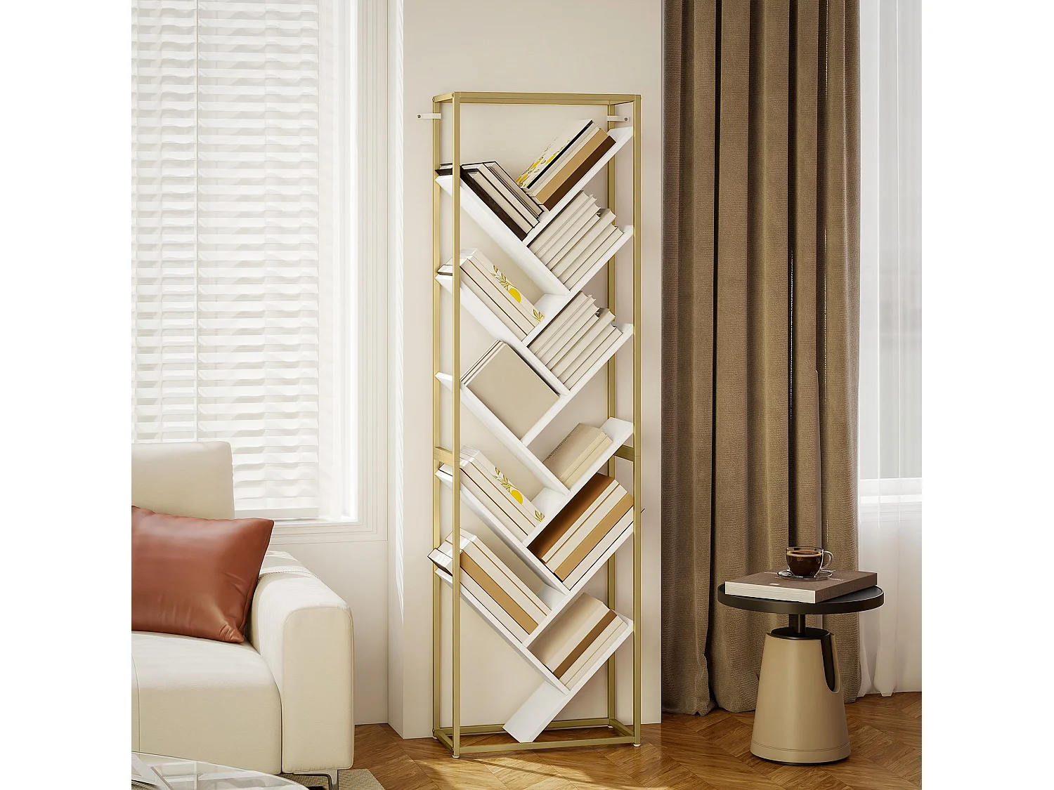 Loelne 10 Tier Modern Wood and Metal Bookcase Gold Tone Frame White Shelves