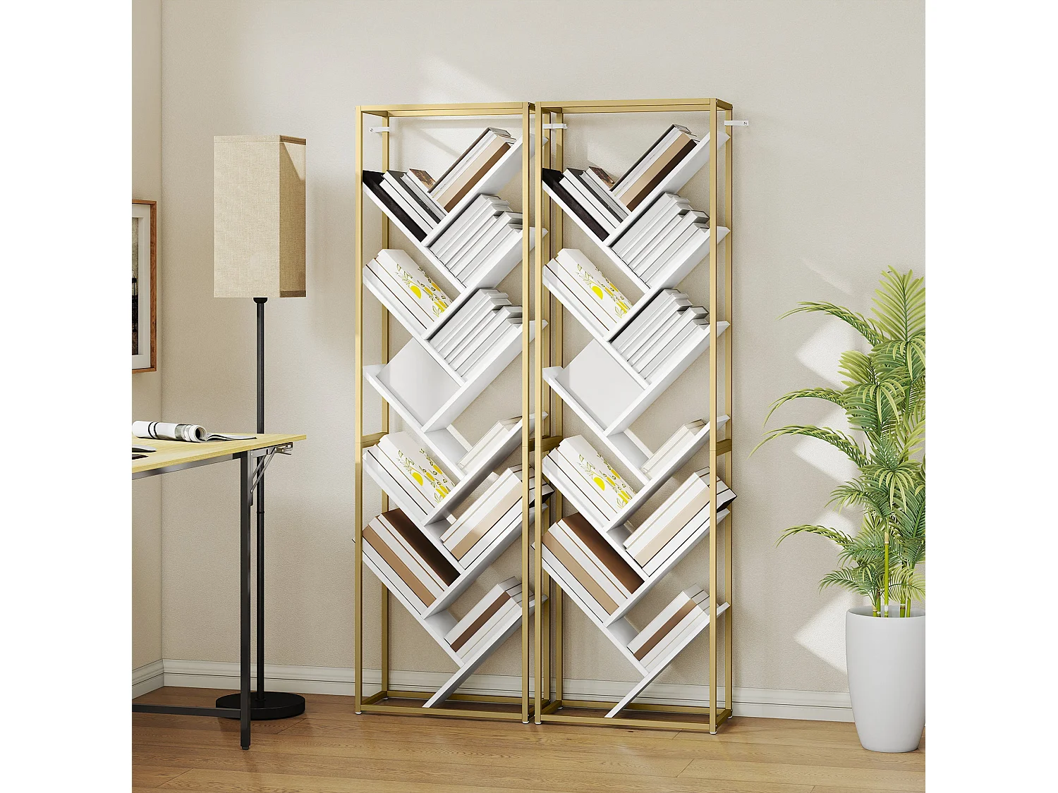 Loelne 10 Tier Modern Wood and Metal Bookcase Gold Tone Frame White Shelves