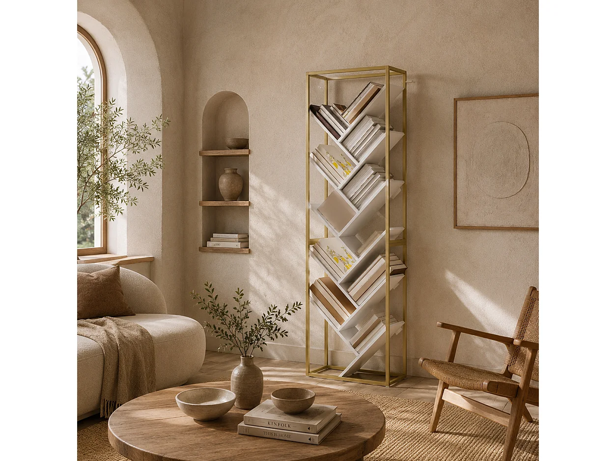 Loelne 10 Tier Modern Wood and Metal Bookcase Gold Tone Frame White Shelves