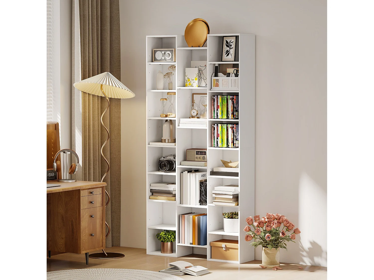 Elpa 21 Compartment White Bookcase Slim Architectural Storage