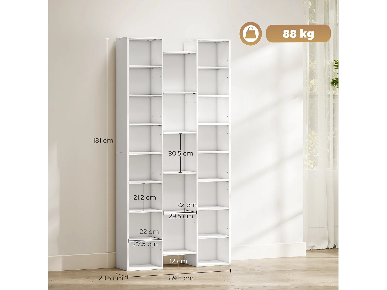 Elpa 21 Compartment White Bookcase Slim Architectural Storage