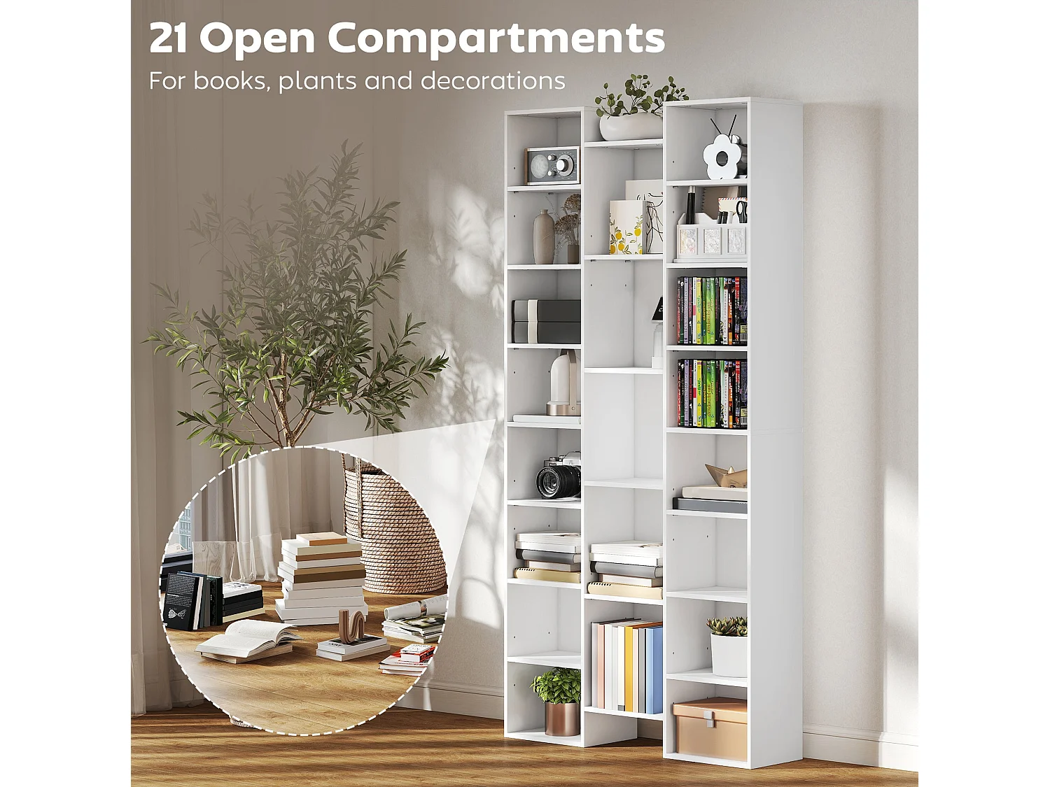 Elpa 21 Compartment White Bookcase Slim Architectural Storage