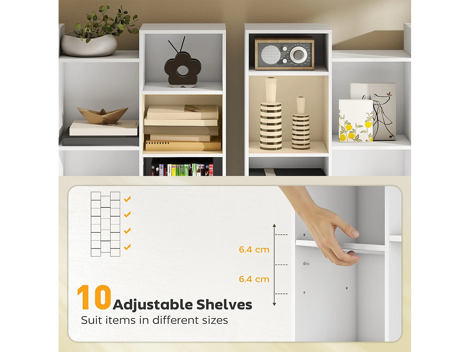 Elpa 21 Compartment White Bookcase Slim Architectural Storage