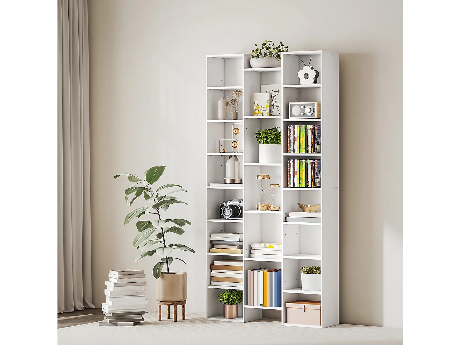 Elpa 21 Compartment White Bookcase Slim Architectural Storage