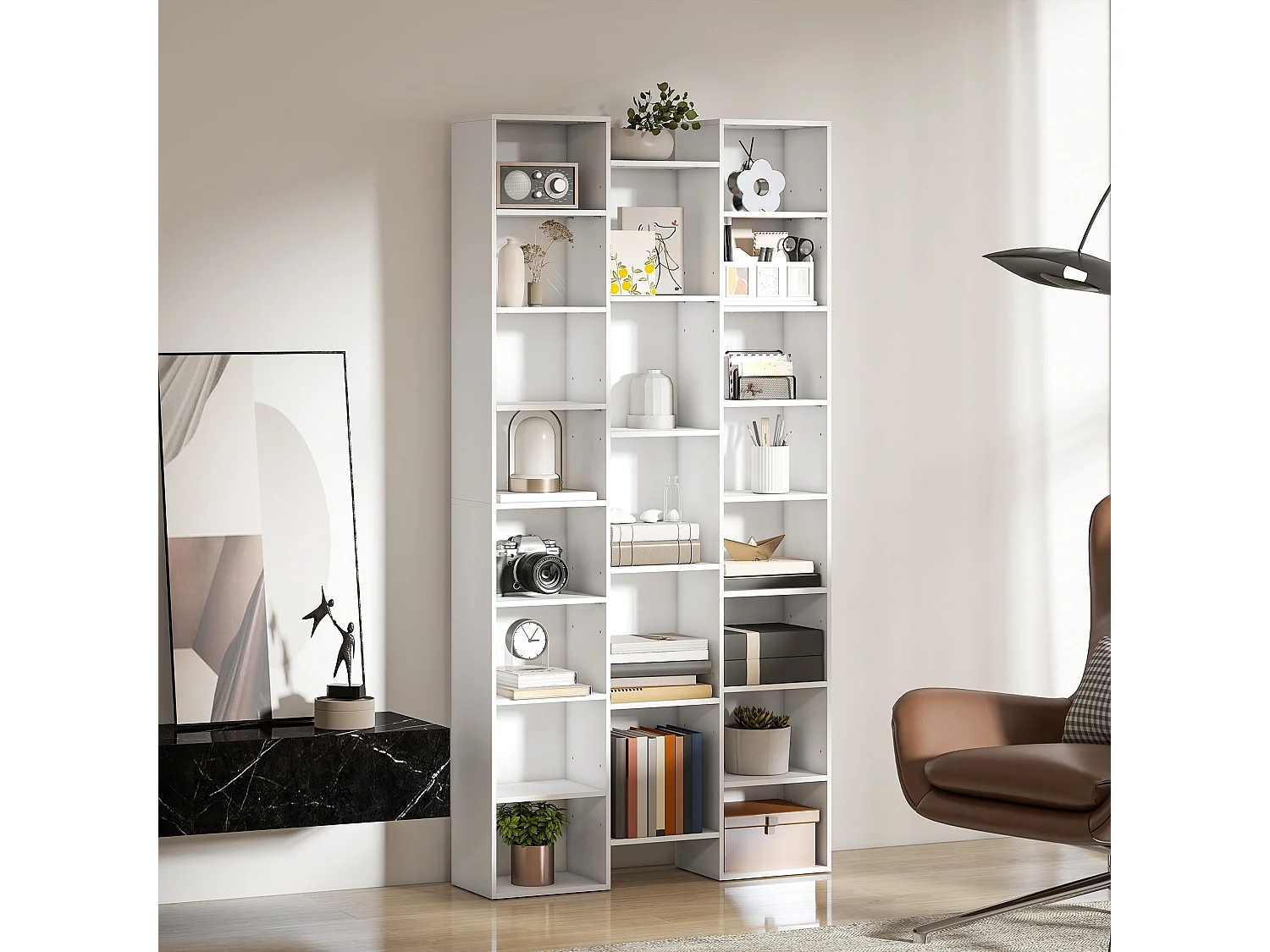 Elpa 21 Compartment White Bookcase Slim Architectural Storage