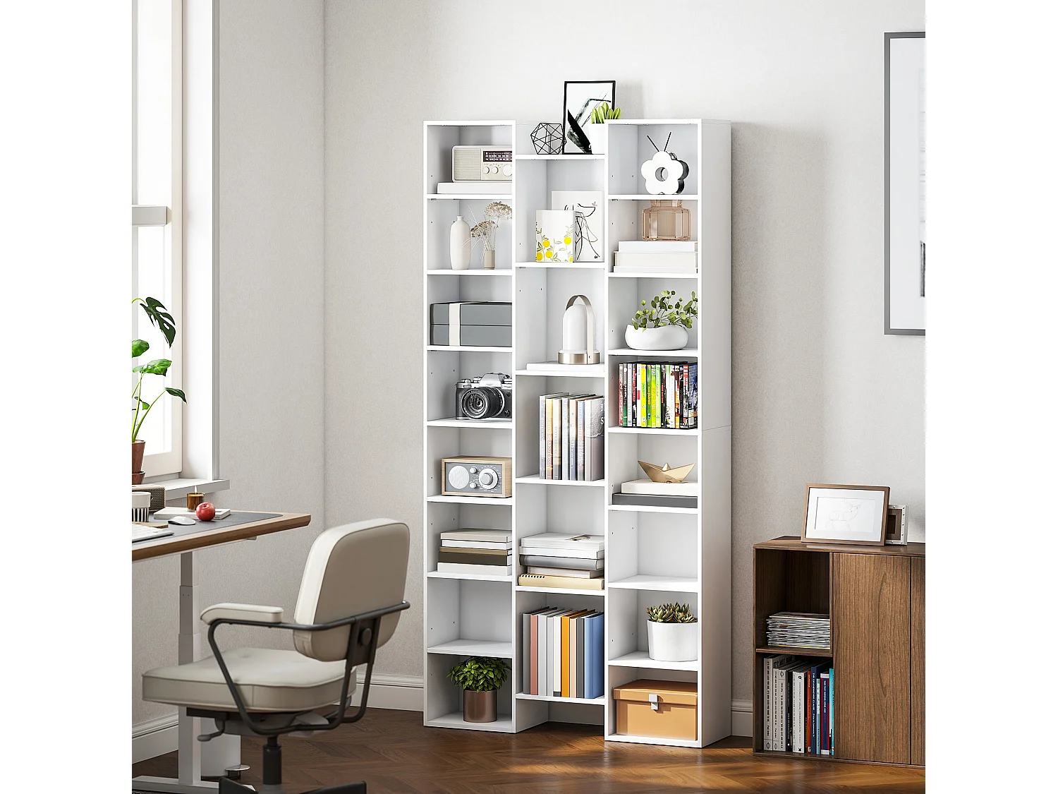 Elpa 21 Compartment White Bookcase Slim Architectural Storage