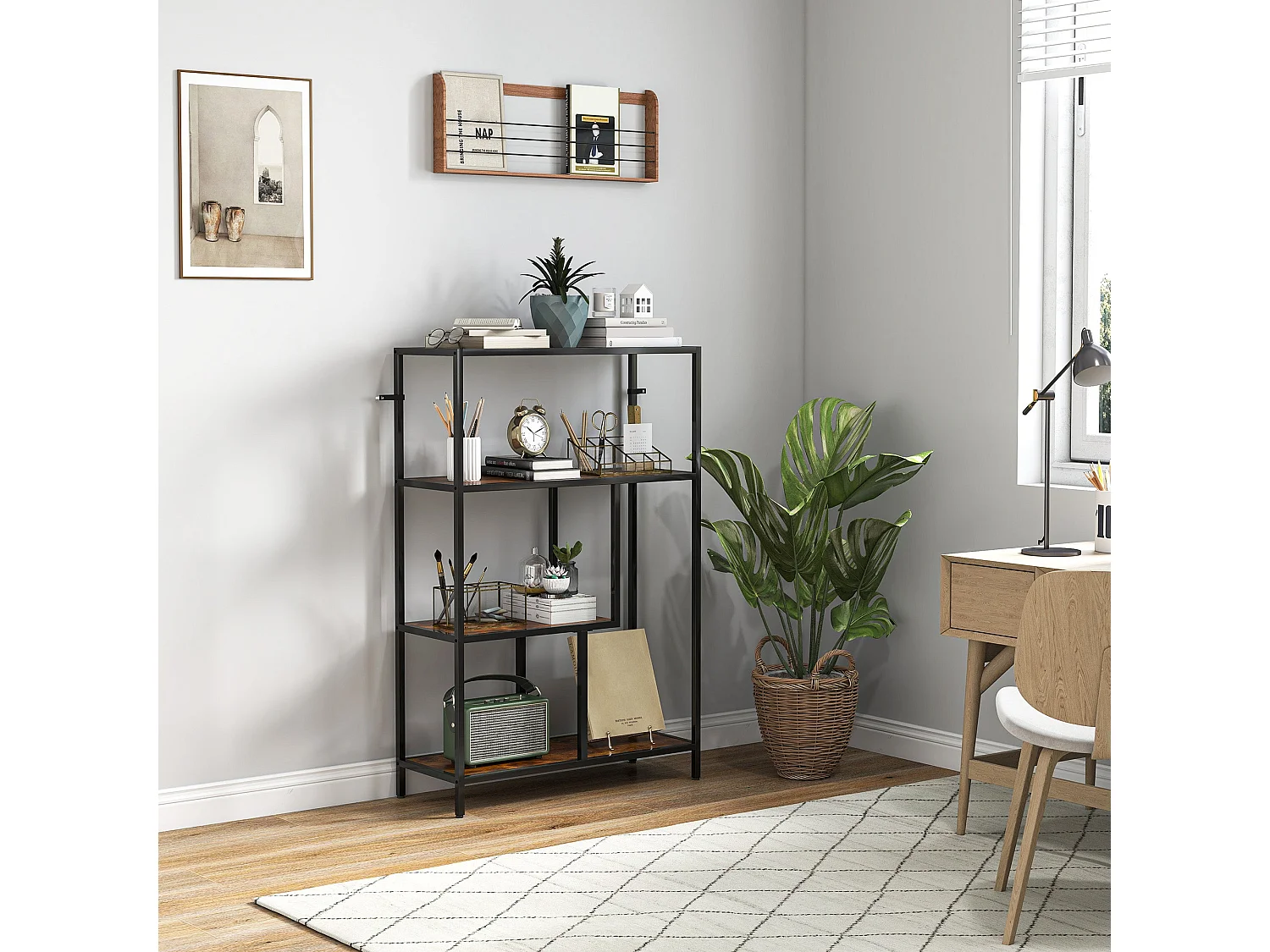 Modisu Rustic Brown 4 Tier Open Bookcase Industrial Metal Frame