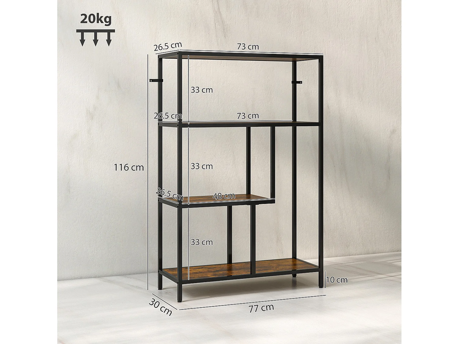 Modisu Rustic Brown 4 Tier Open Bookcase Industrial Metal Frame