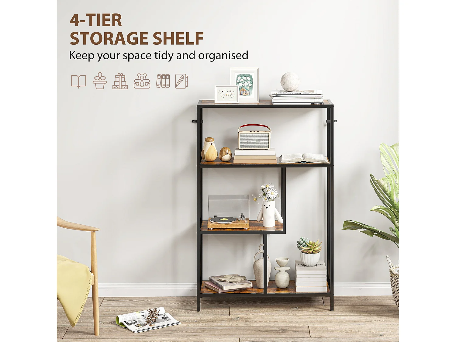 Modisu Rustic Brown 4 Tier Open Bookcase Industrial Metal Frame