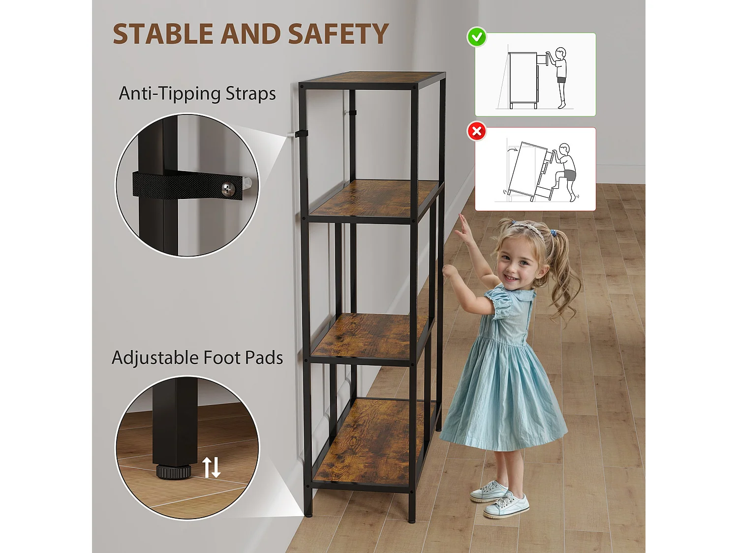 Modisu Rustic Brown 4 Tier Open Bookcase Industrial Metal Frame