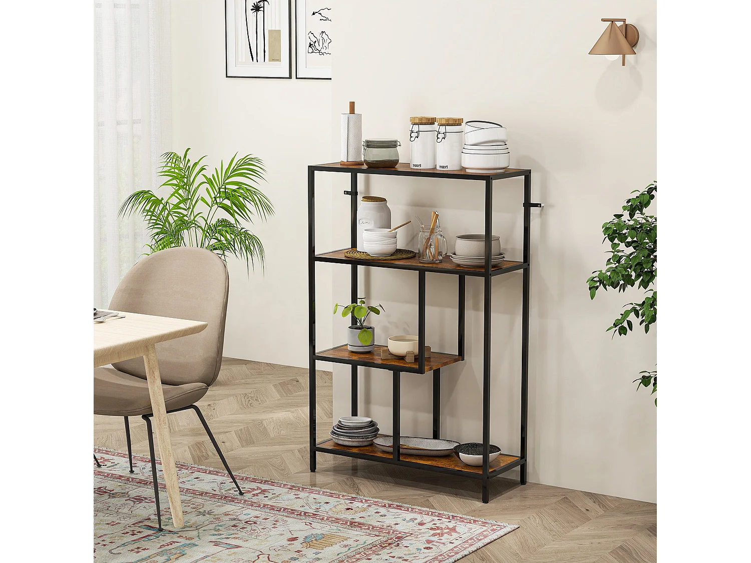 Modisu Rustic Brown 4 Tier Open Bookcase Industrial Metal Frame