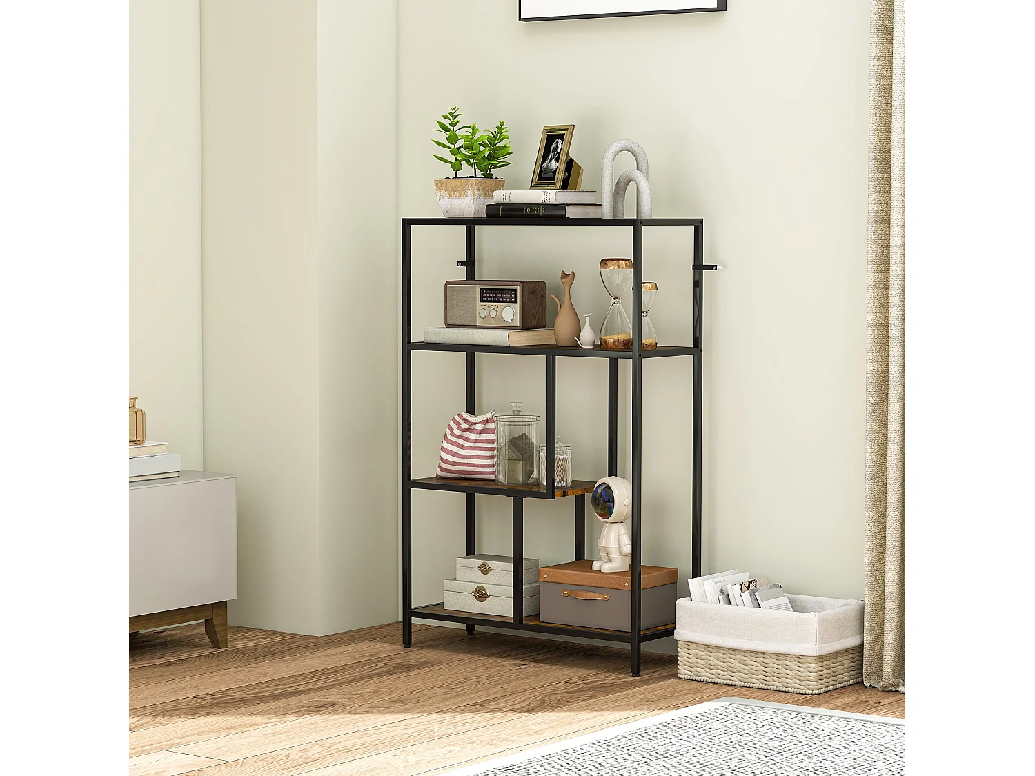 Modisu Rustic Brown 4 Tier Open Bookcase Industrial Metal Frame