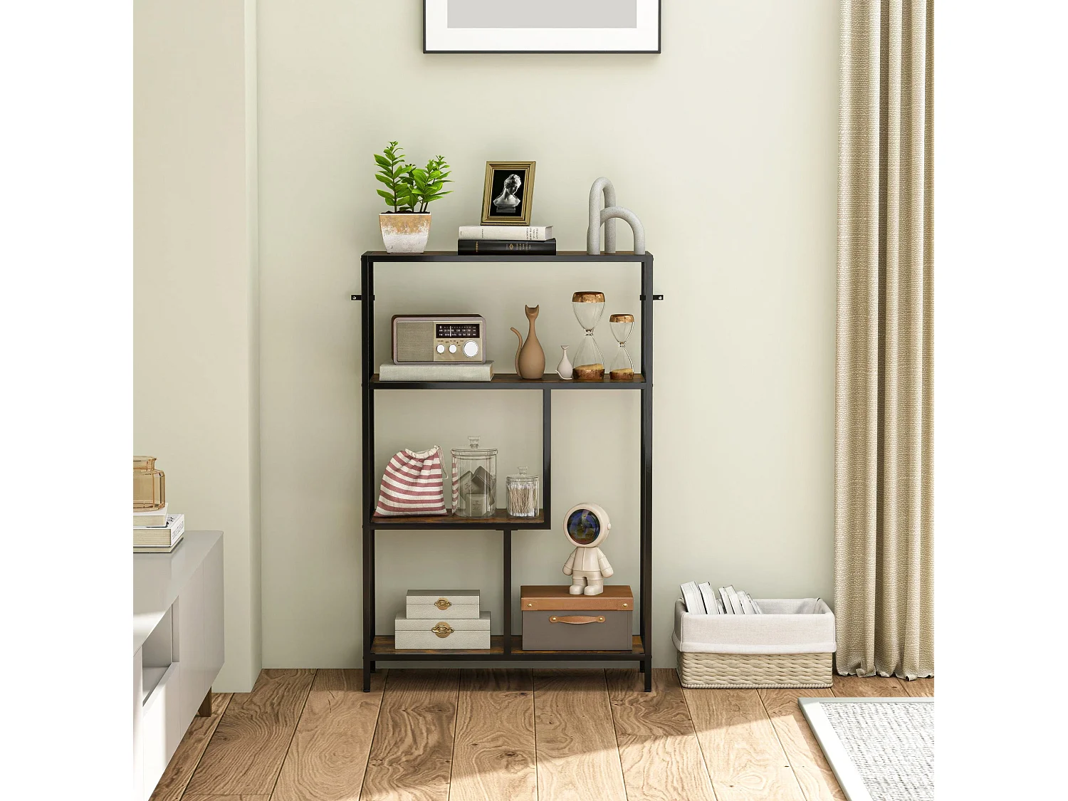Modisu Rustic Brown 4 Tier Open Bookcase Industrial Metal Frame
