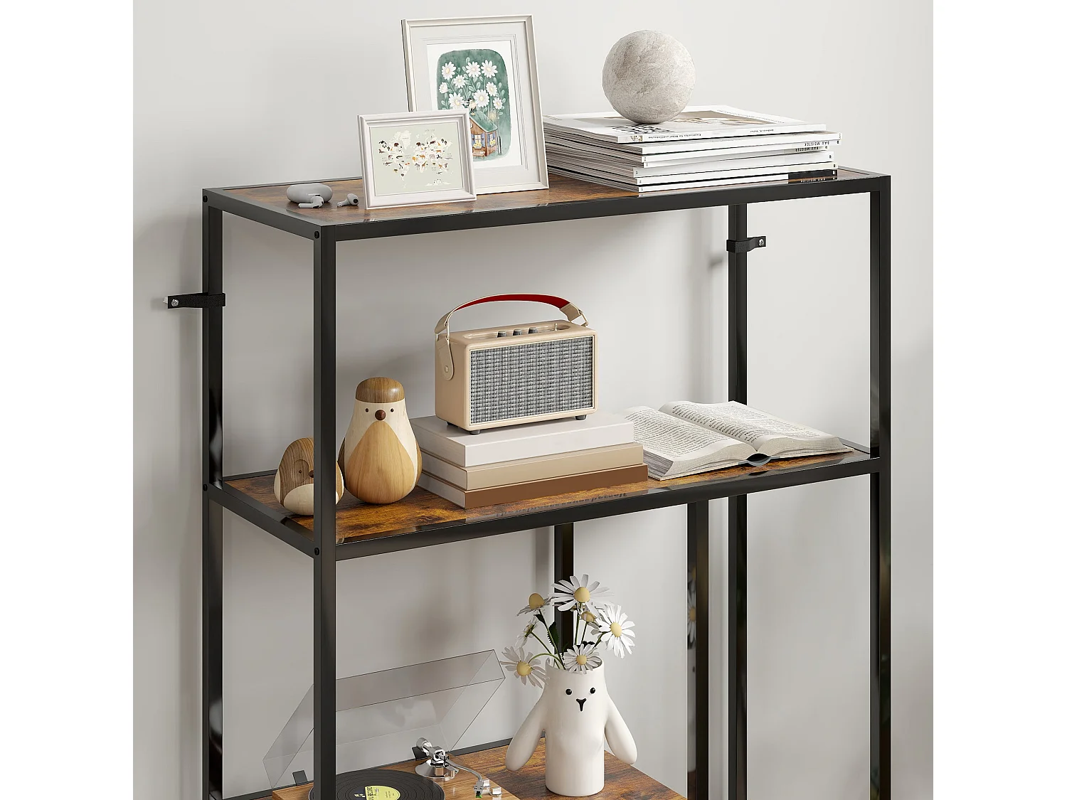 Modisu Rustic Brown 4 Tier Open Bookcase Industrial Metal Frame