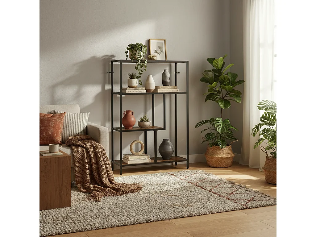 Modisu Rustic Brown 4 Tier Open Bookcase Industrial Metal Frame