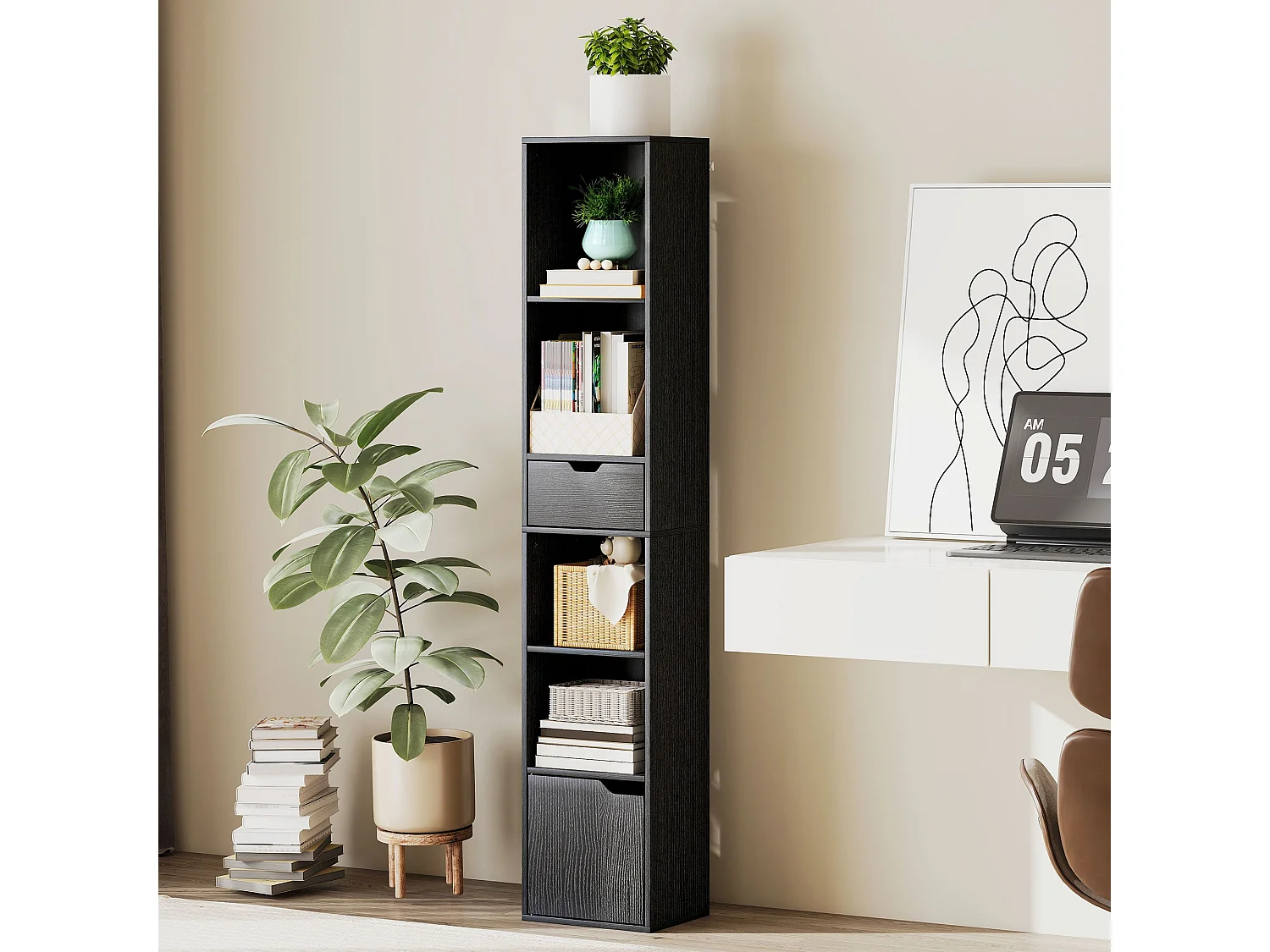 Nota Tall Narrow 6 Tier Bookcase Black with Drawer and Door