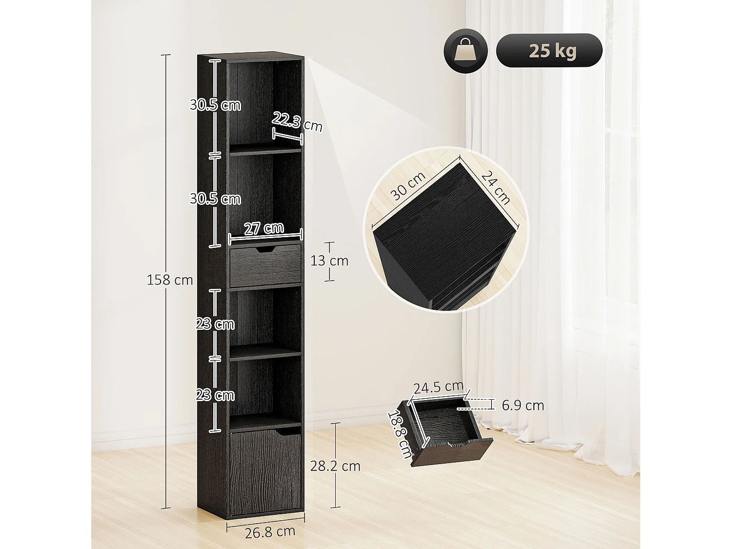 Nota Tall Narrow 6 Tier Bookcase Black with Drawer and Door