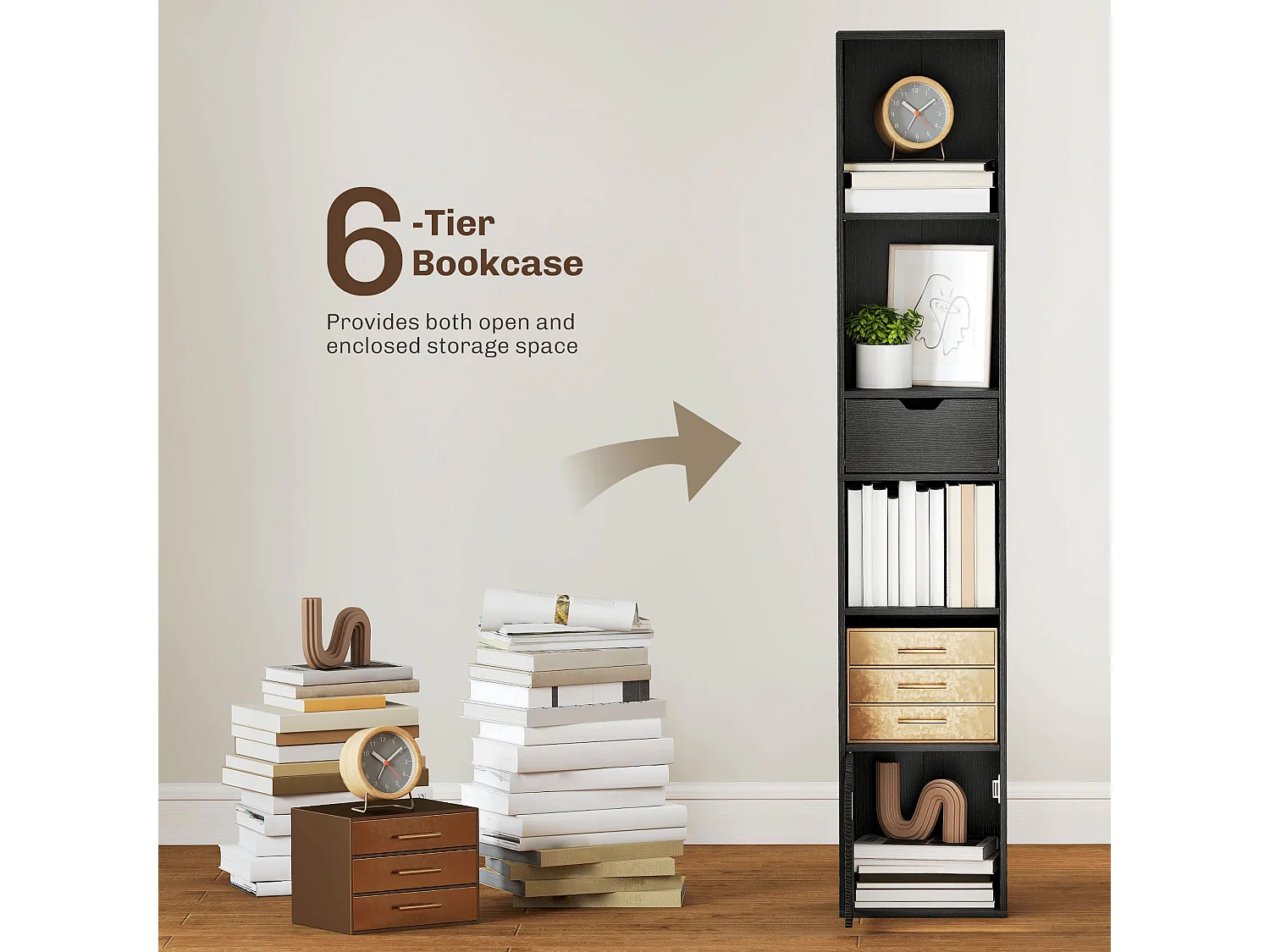 Nota Tall Narrow 6 Tier Bookcase Black with Drawer and Door
