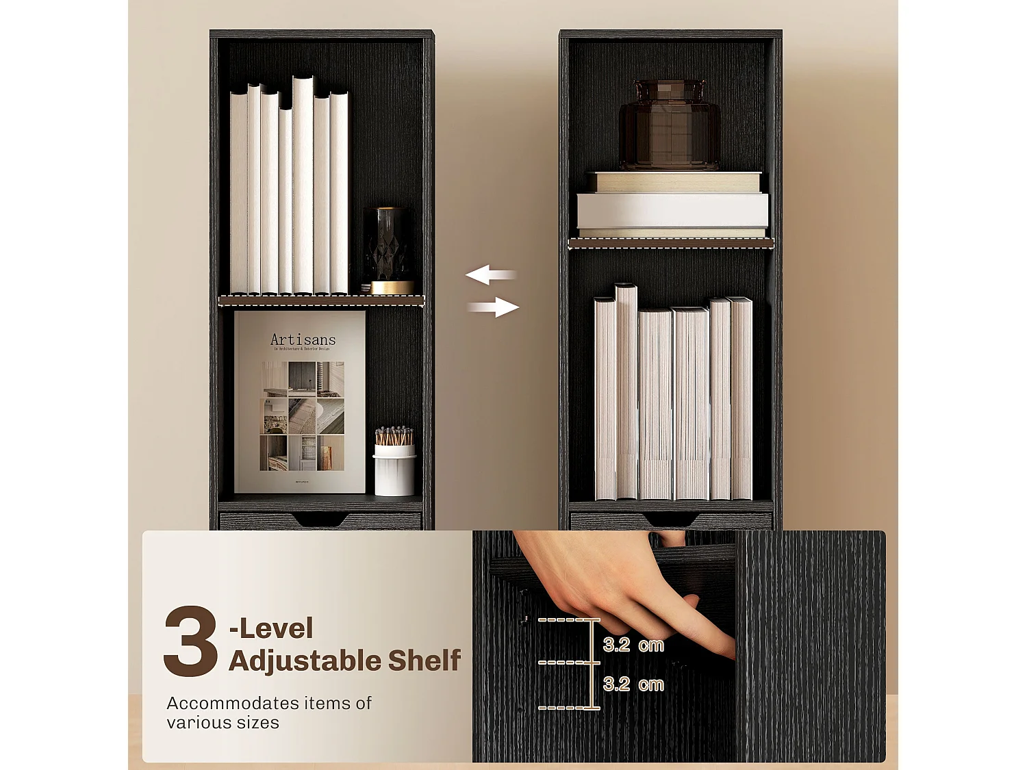Nota Tall Narrow 6 Tier Bookcase Black with Drawer and Door