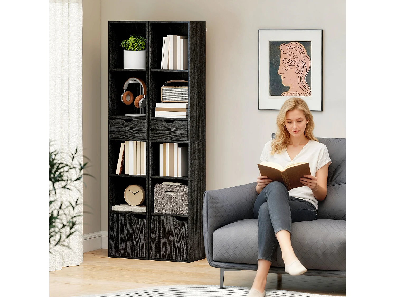 Nota Tall Narrow 6 Tier Bookcase Black with Drawer and Door