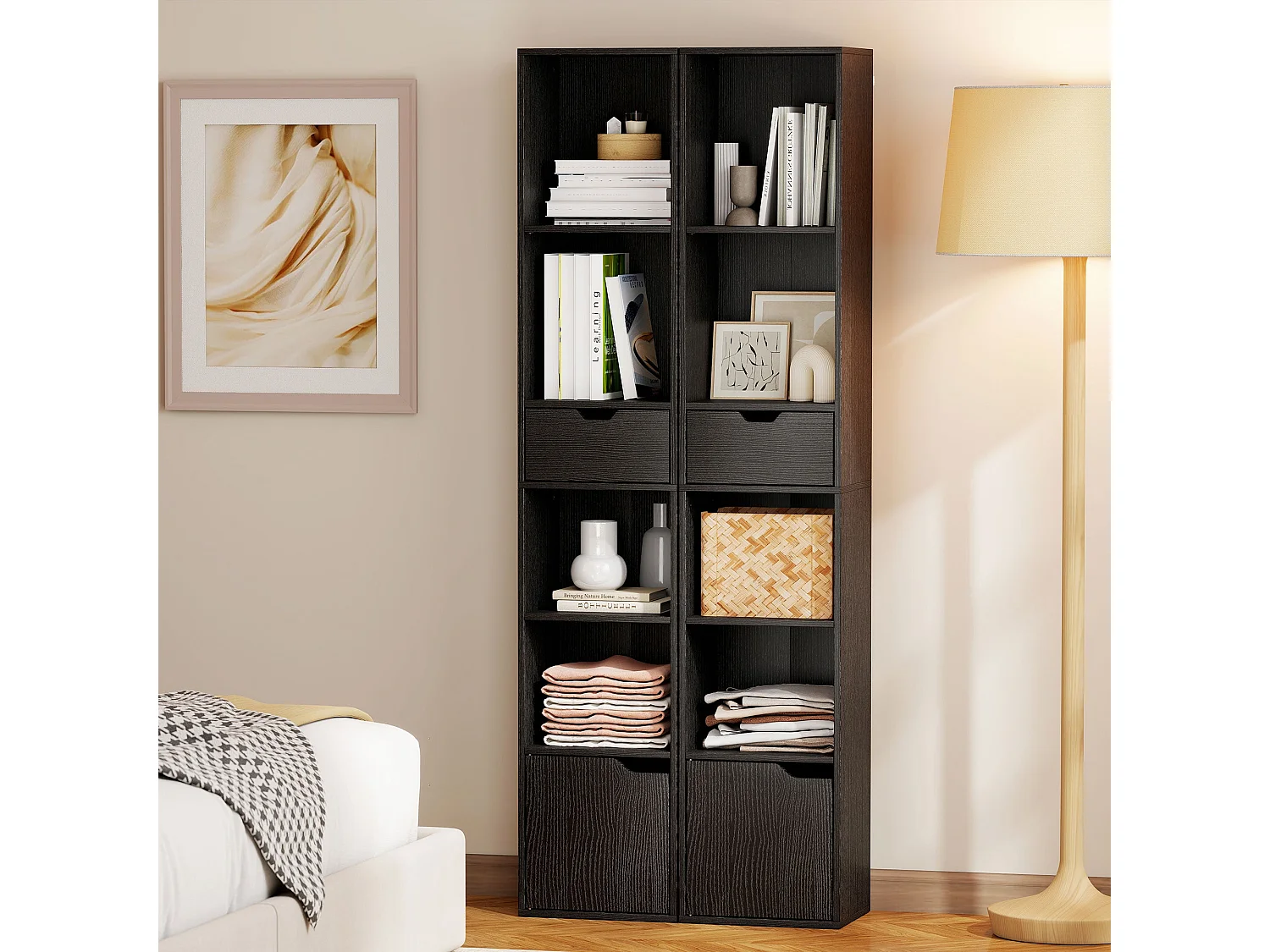 Nota Tall Narrow 6 Tier Bookcase Black with Drawer and Door