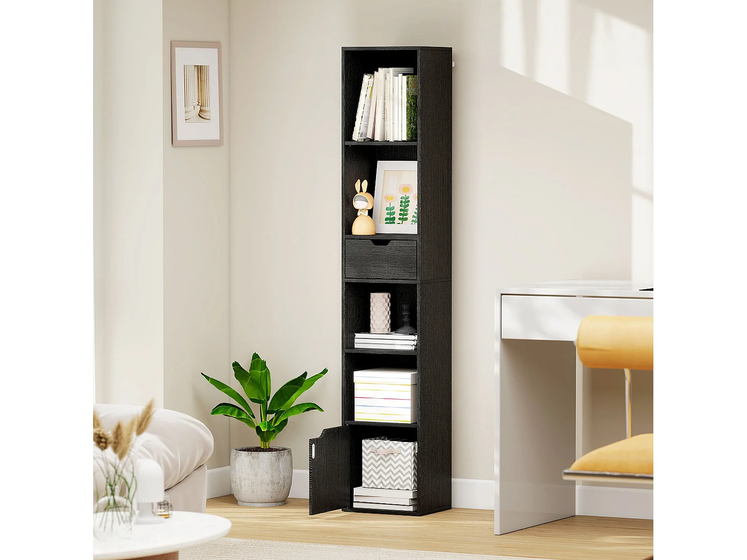 Nota Tall Narrow 6 Tier Bookcase Black with Drawer and Door