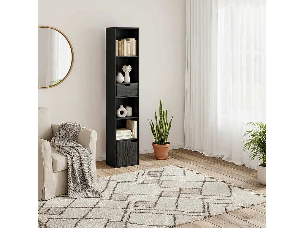 Nota Tall Narrow 6 Tier Bookcase Black with Drawer and Door