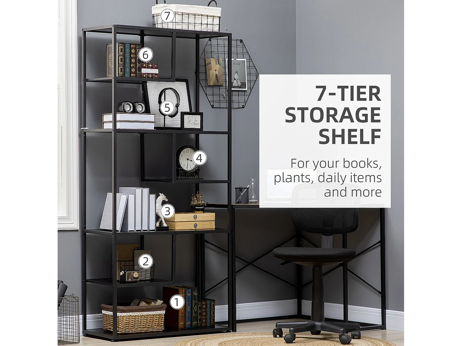 Eldora Metal Black 7 Tier Industrial Display Bookcase 83x34x180cm