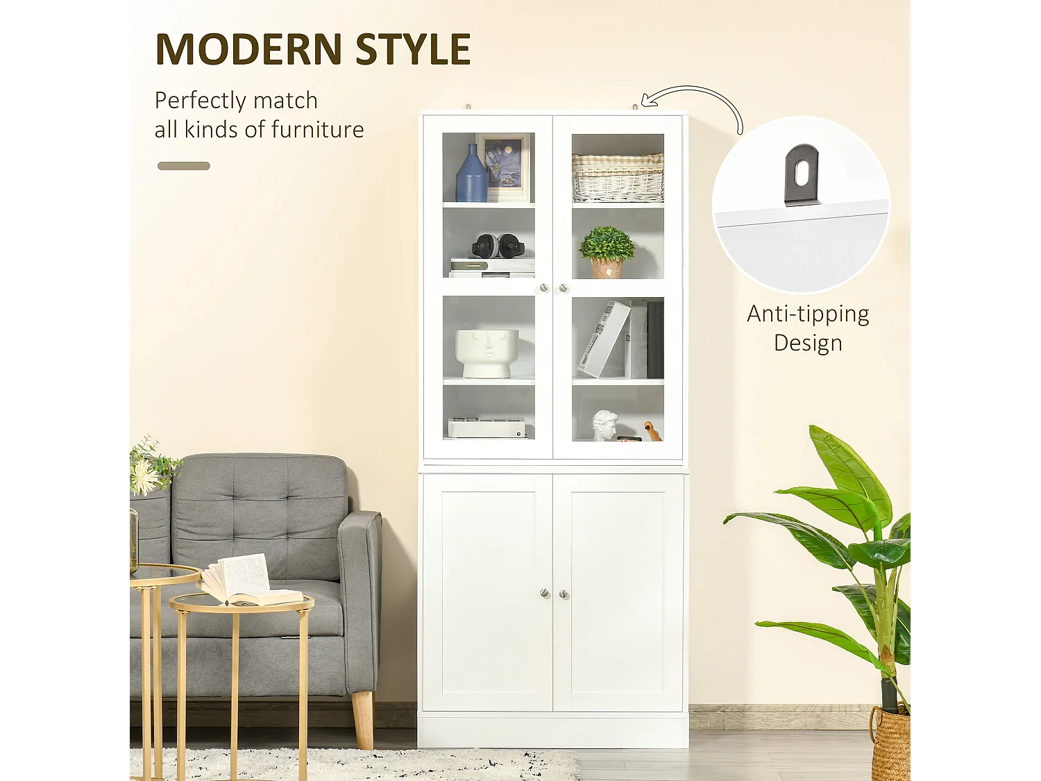Mola Colu White Wood and Glass Display Bookcase Adjustable Shelves Glass Doors