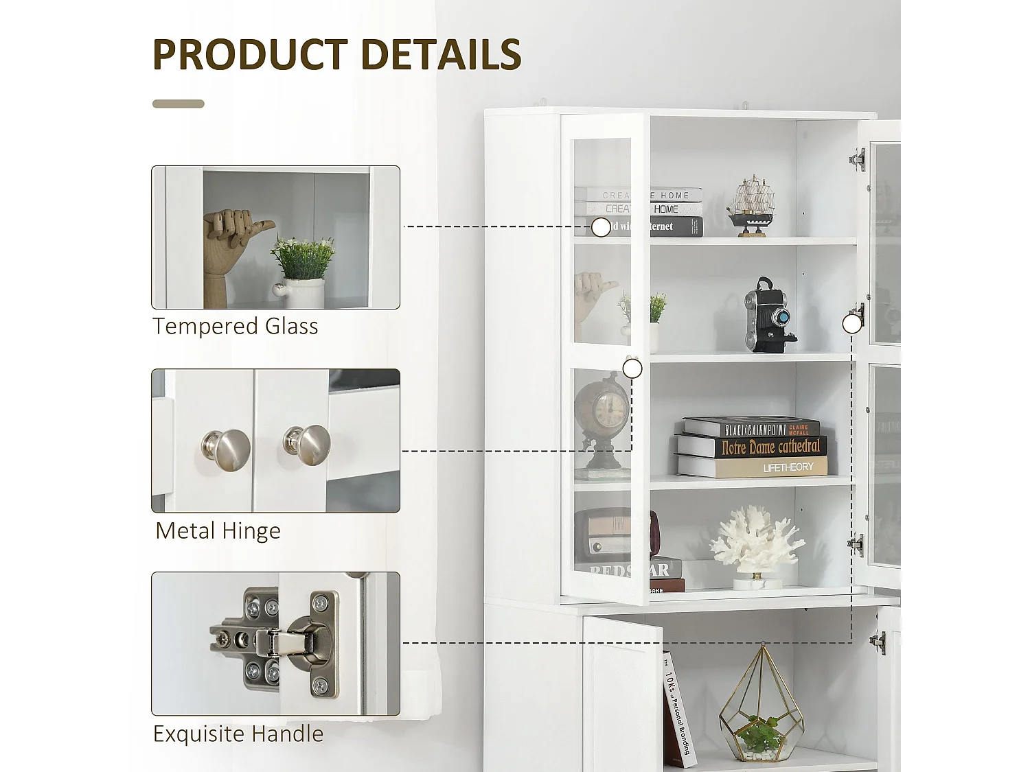 Mola Colu White Wood and Glass Display Bookcase Adjustable Shelves Glass Doors
