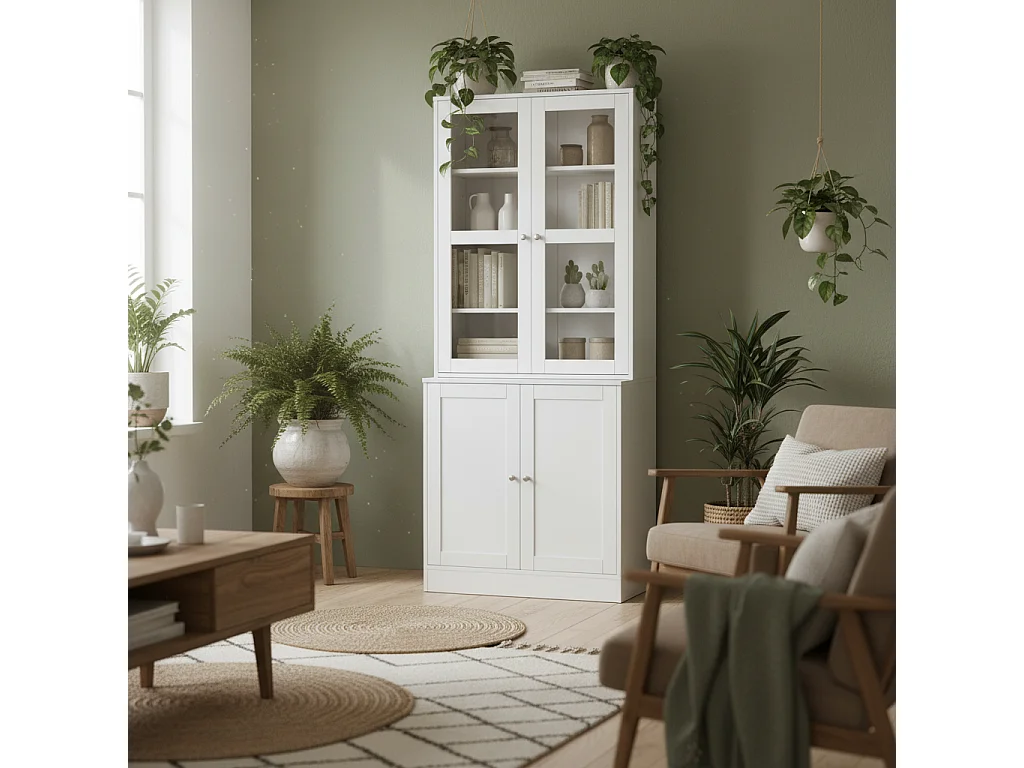 Mola Colu White Wood and Glass Display Bookcase Adjustable Shelves Glass Doors