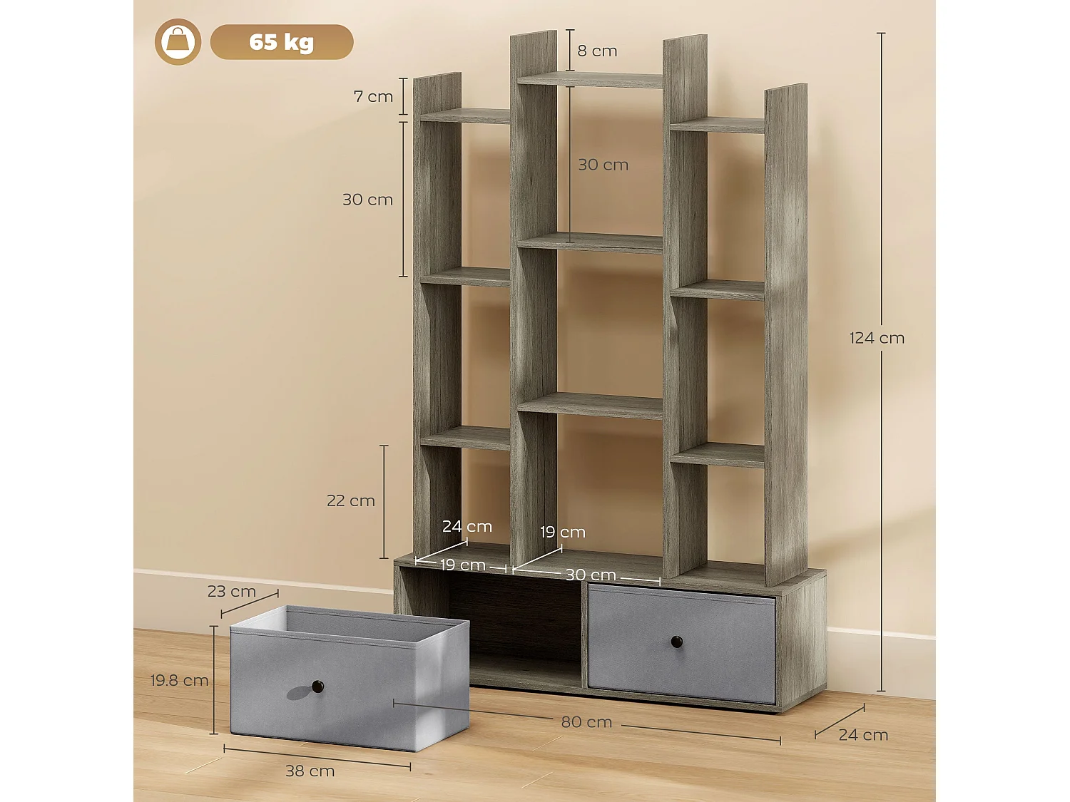 Rive Keba 12 Compartment Graphite Wood Effect Storage Unit with 2 Drawers