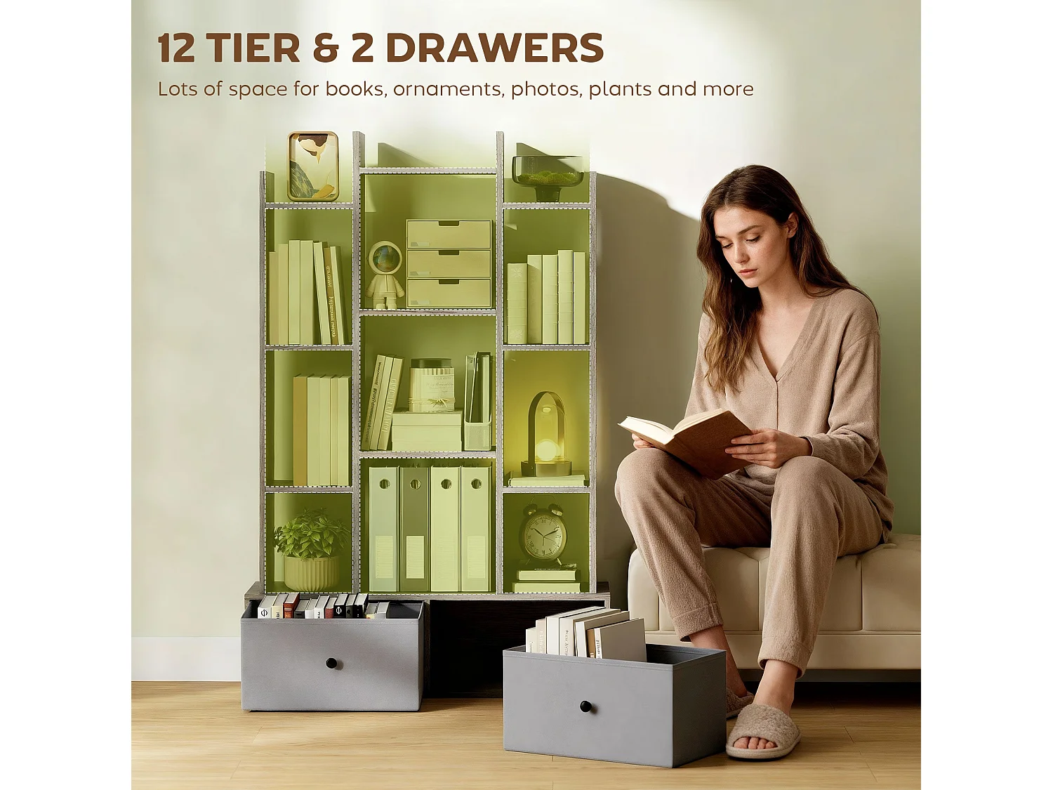 Rive Keba 12 Compartment Graphite Wood Effect Storage Unit with 2 Drawers