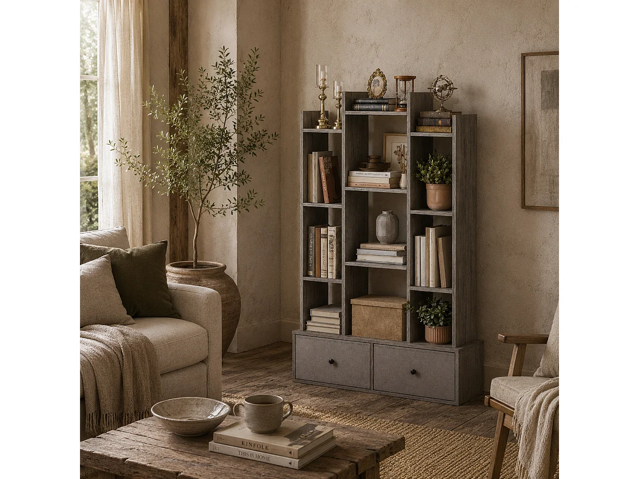 Rive Keba 12 Compartment Graphite Wood Effect Storage Unit with 2 Drawers