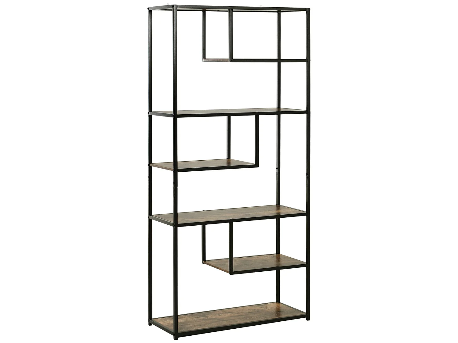 Elra 6 Tier Industrial Metal and Wood Tall Bookcase Rustic Brown and Black