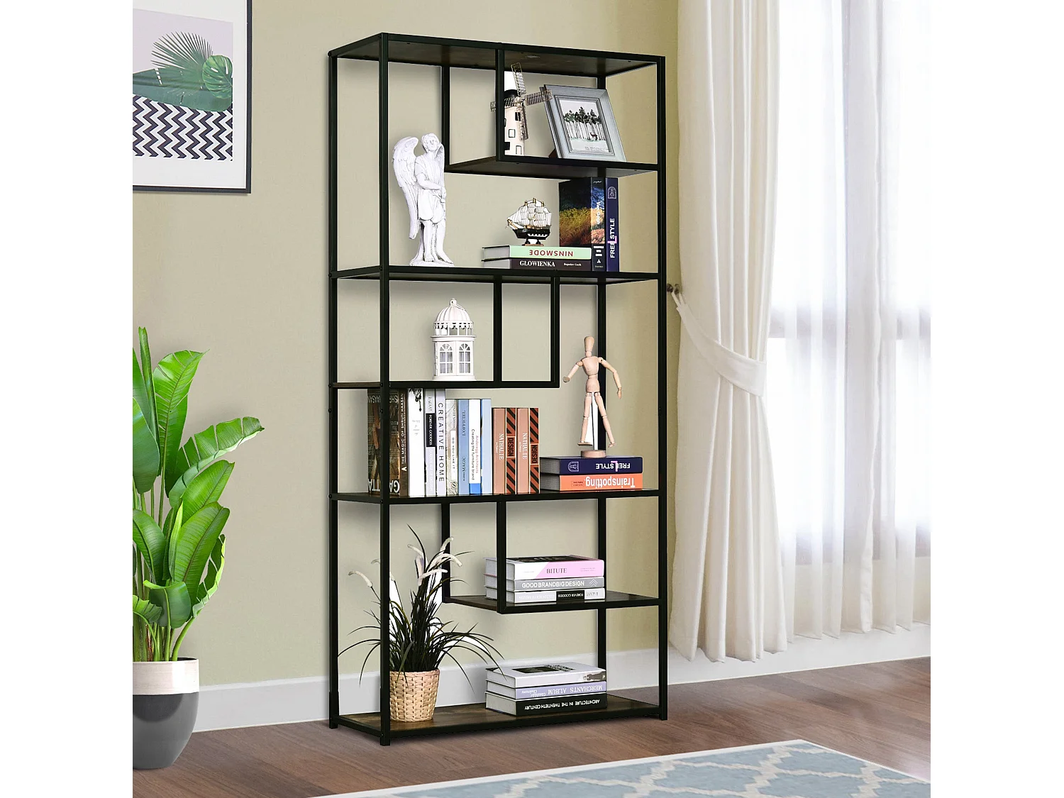 Elra 6 Tier Industrial Metal and Wood Tall Bookcase Rustic Brown and Black