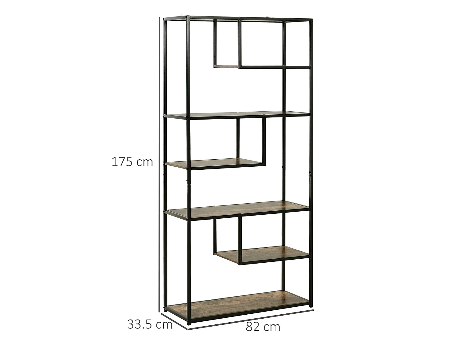 Elra 6 Tier Industrial Metal and Wood Tall Bookcase Rustic Brown and Black