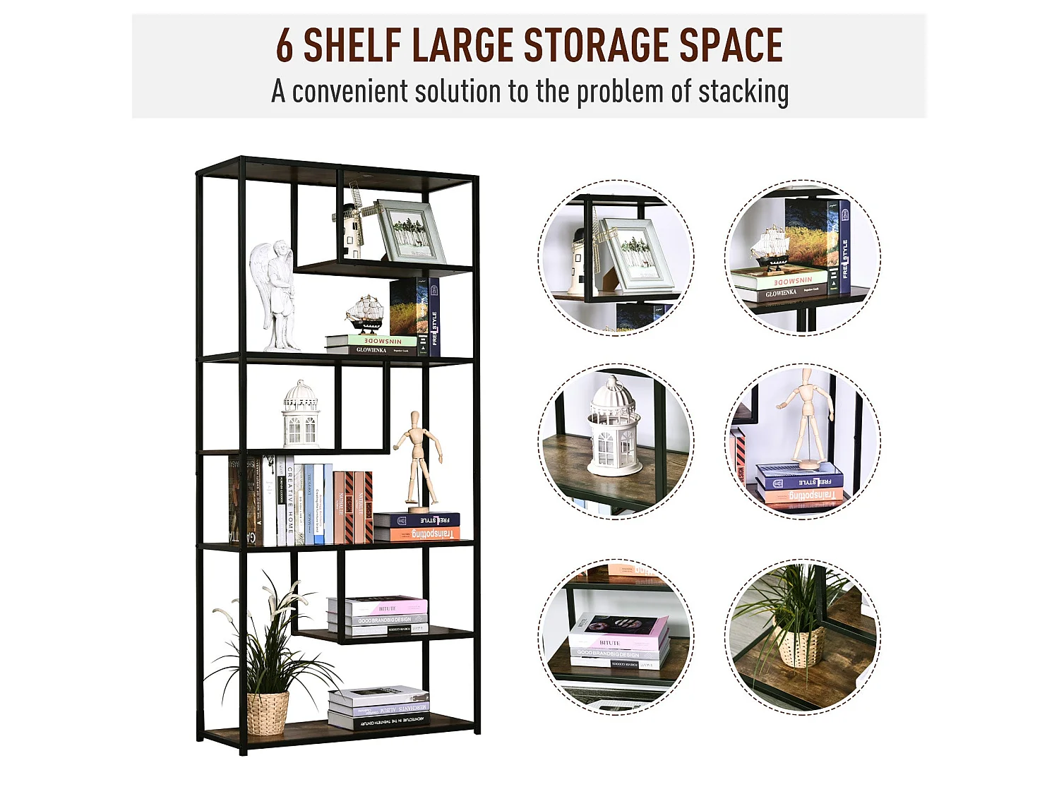 Elra 6 Tier Industrial Metal and Wood Tall Bookcase Rustic Brown and Black