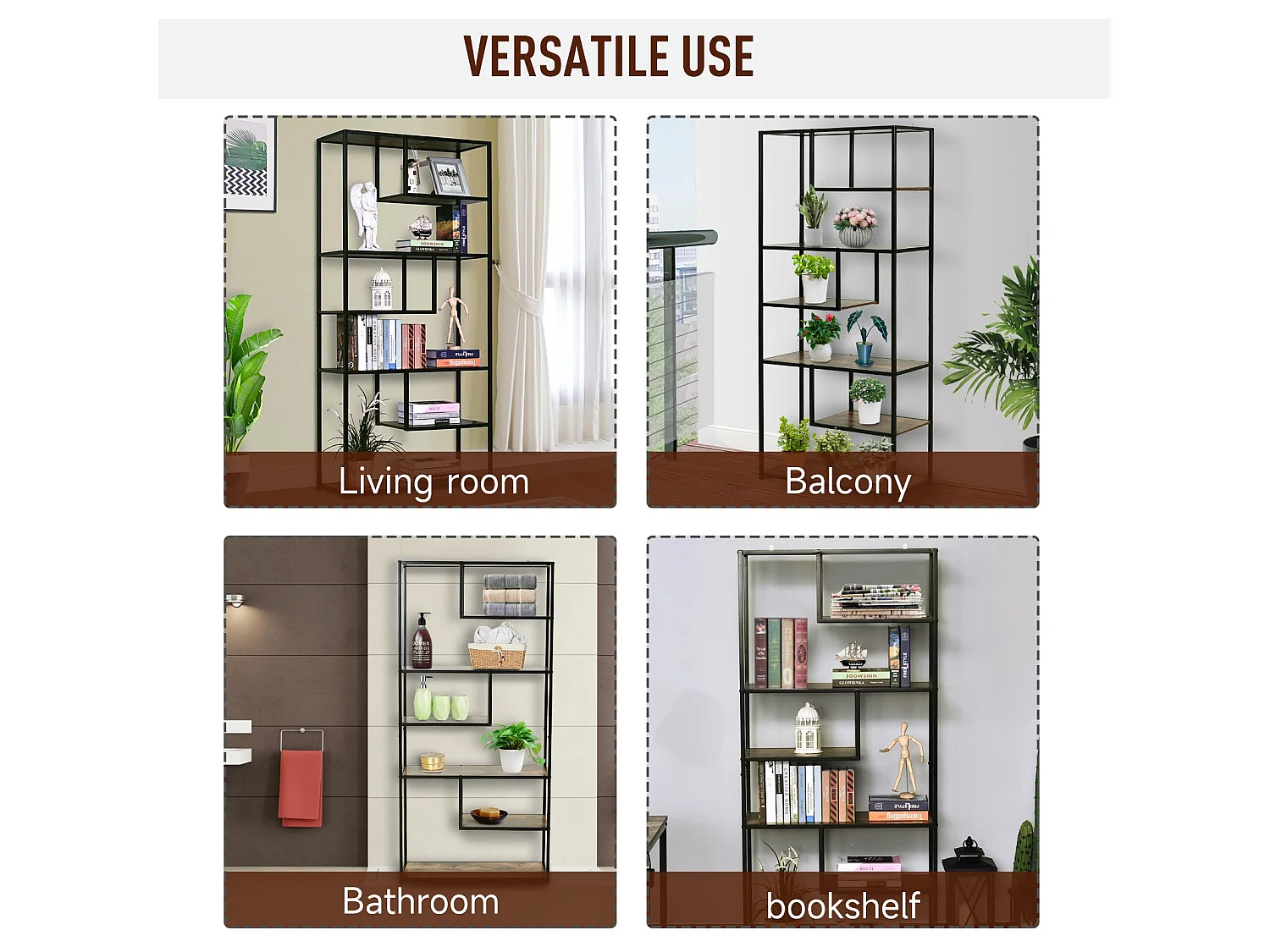 Elra 6 Tier Industrial Metal and Wood Tall Bookcase Rustic Brown and Black